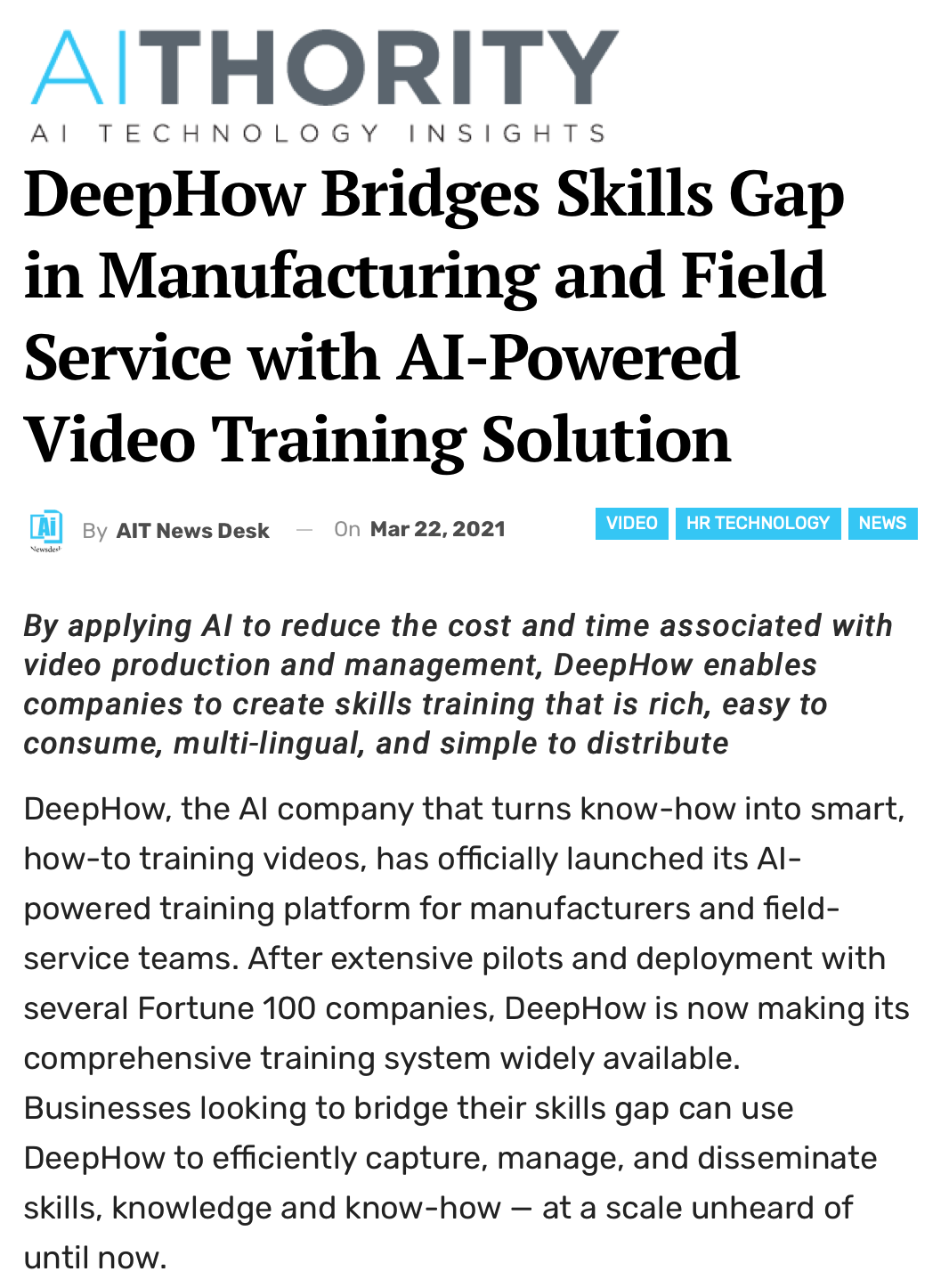 The start of the AiThority DeepHow Article.