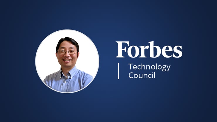 A headshot of DeepHow CEO Sam Zheng and text that reads, "Forbes: Technology Council."