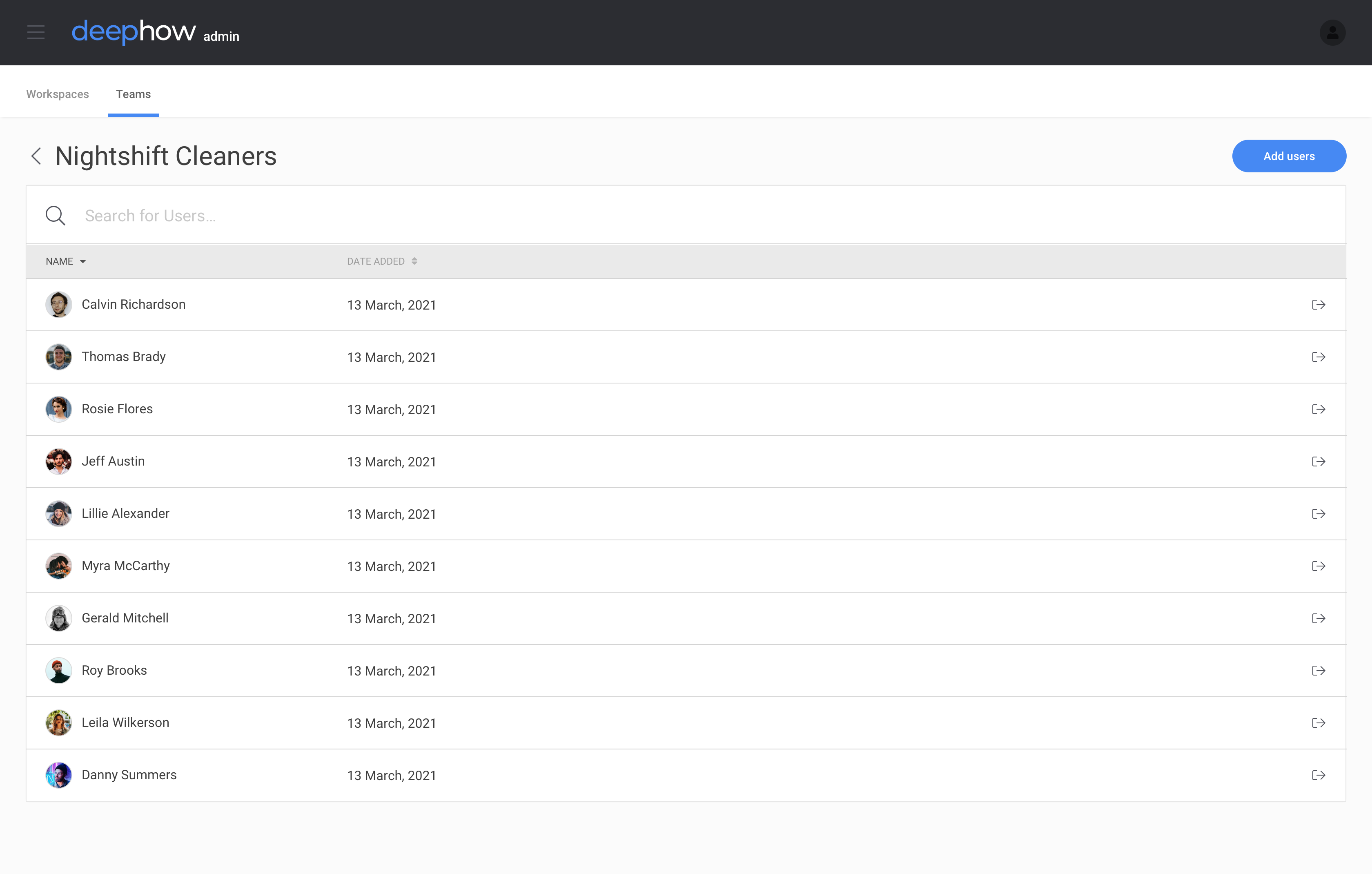 The DeepHow admin Teams page.