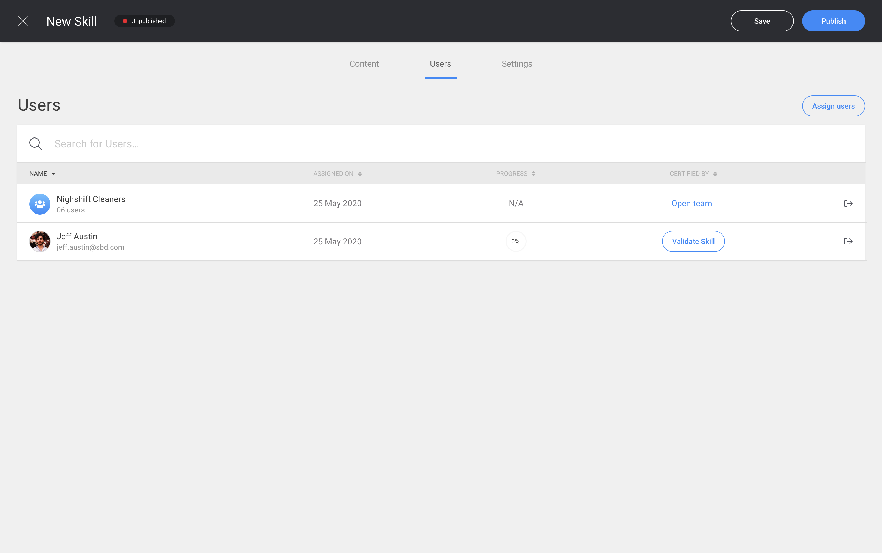 The DeepHow new skills page with the users subpage displayed.